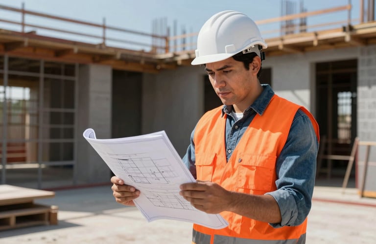 A professional Latin American / Mexican engineer in a Safety Orange vest and white helmet looking at digital blueprints on a tablet at a sunny construction site.