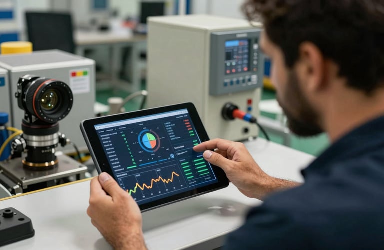 A technical expert in a South American / Brazilian facility using a tablet to monitor real-time energy consumption data on a dashboard.
