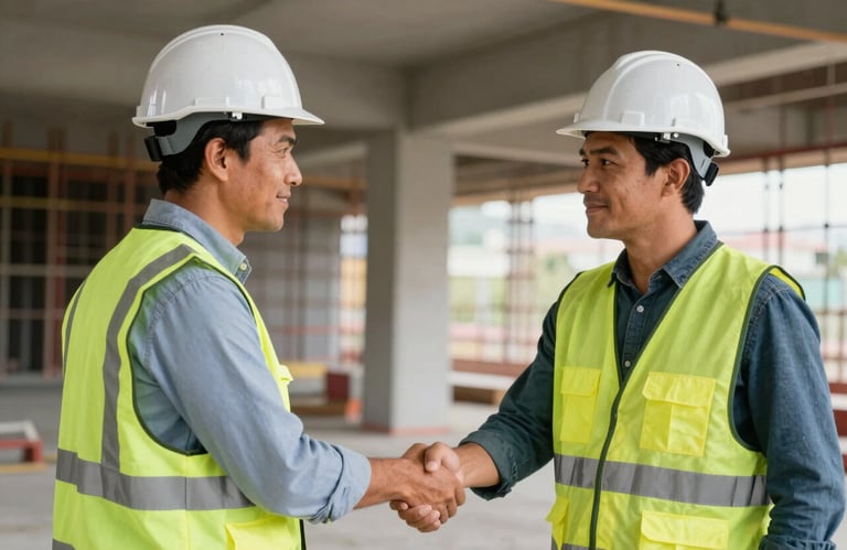A professional South American / Brazilian engineer in a hard hat and safety vest shaking hands with a client on a construction site, emphasizing trust and collaboration.