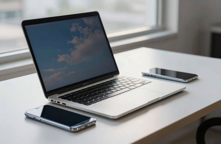A sharp, professional photograph of a silver laptop and a smartphone on a clean desk, reflecting a sky blue sky through a nearby window.