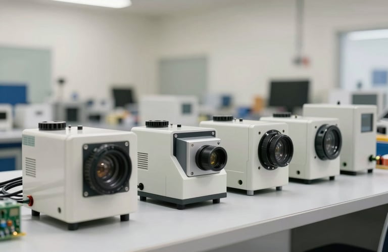 A series of high-quality industrial automation components and electronic modules lined up on a clean workbench in a Turkish / Anatolian factory, bright soft off-white lighting.