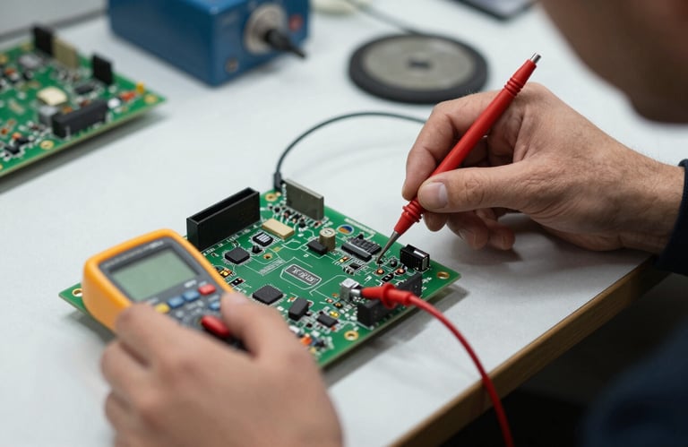 Macro photography of a technician's hands in a Turkish / Anatolian workshop carefully testing a complex electronic control card with a multimeter, clean professional industrial setting.
