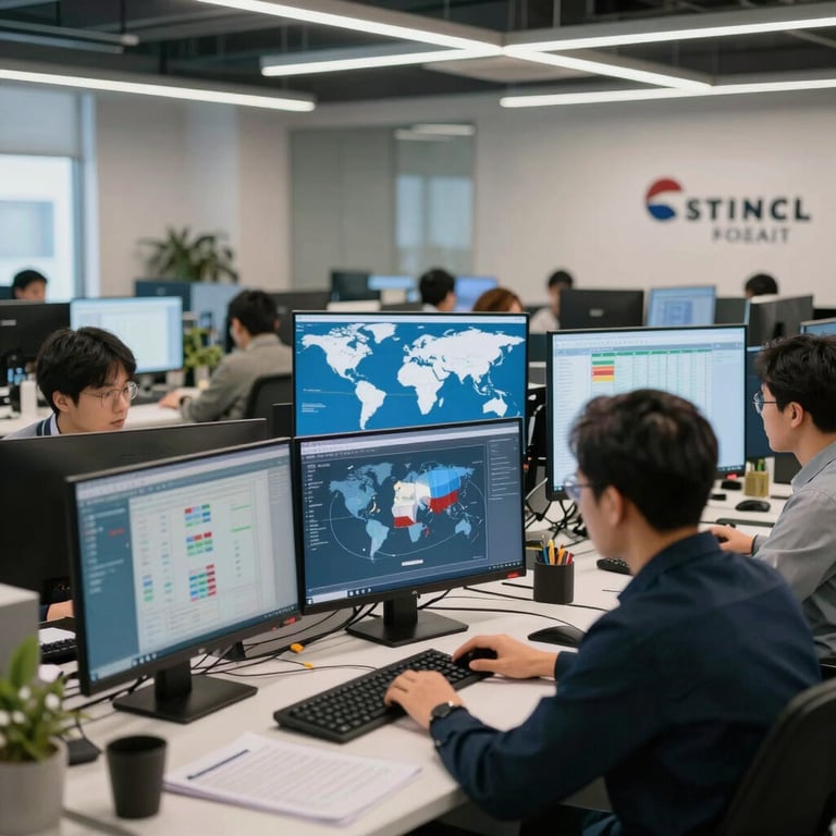 A clean, modern logistics office where staff monitor global shipping routes on screens, focused and professional, International / Global.
