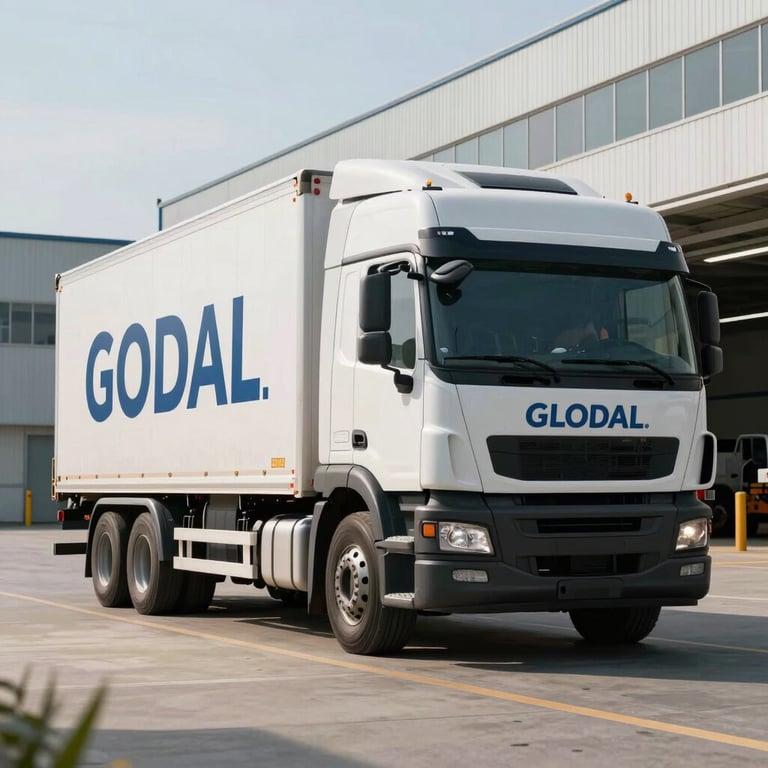 A logistics truck arriving at a state-of-the-art warehouse facility, midday sun, reliable transport scene, International / Global.