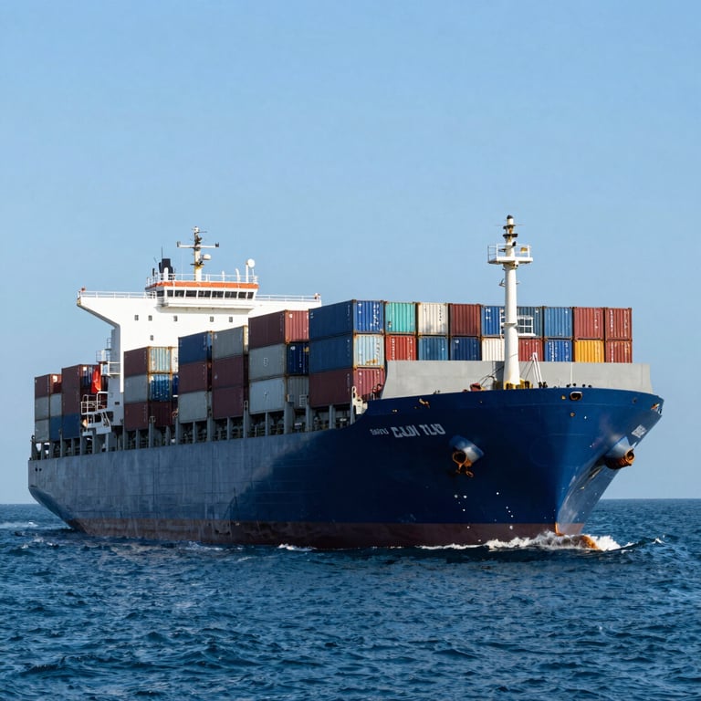 A large cargo ship loaded with containers sailing through deep blue waters under a clear sky, professional photography, International / Global.