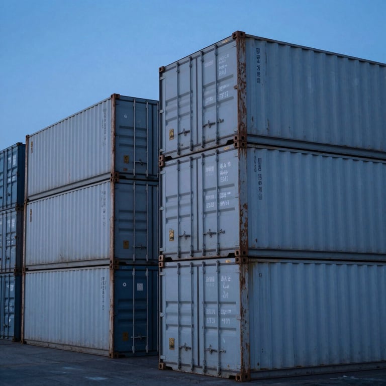 Rows of pristine containers at a shipping hub at twilight, cool blue and grey-blue lighting, International / Global.