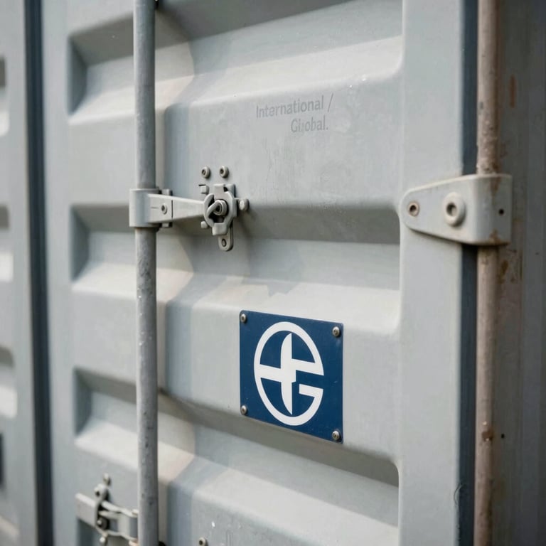 Detail shot of a shipping container latch with the company branding implied, high-quality industrial materials, International / Global.