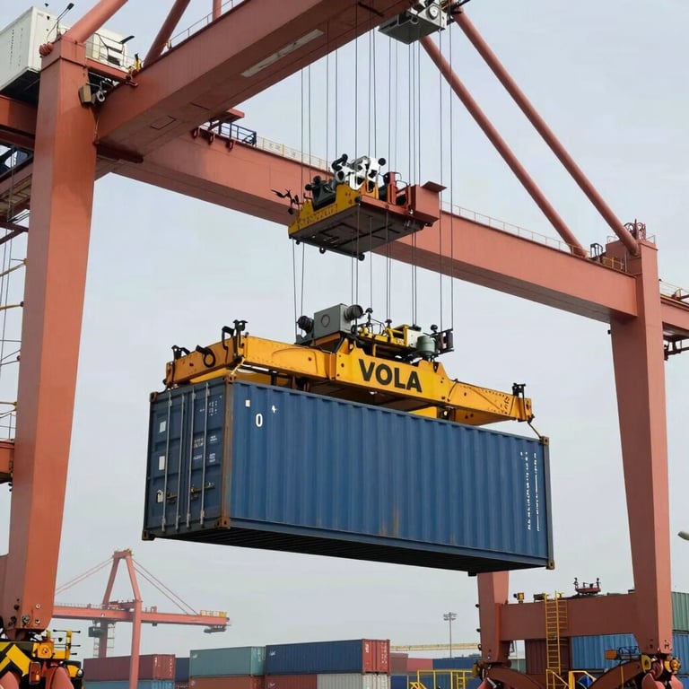 A heavy-duty gantry crane at a busy port lifting a container, industrial and efficient atmosphere, International / Global.