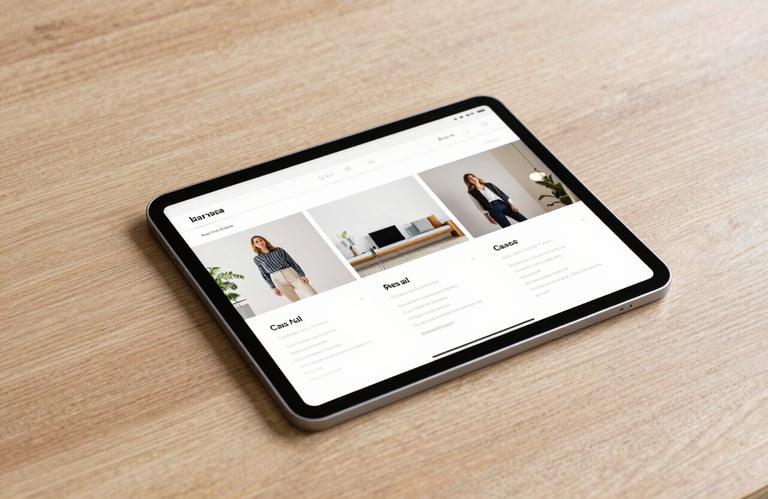 Minimalist photography of a digital tablet displaying a social media feed with elegant layouts, placed on a light oak wood surface, clean composition.