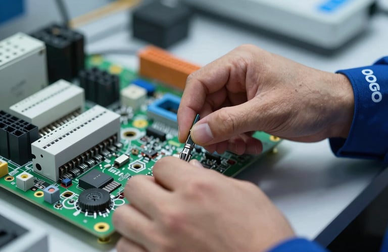 A close-up of a professional technician's hand wearing a branded GOGO Solutions sleeve, fixing a modern electrical circuit board. The lighting is focused and professional. Color palette: #0C1D3F, #A9D1EF.