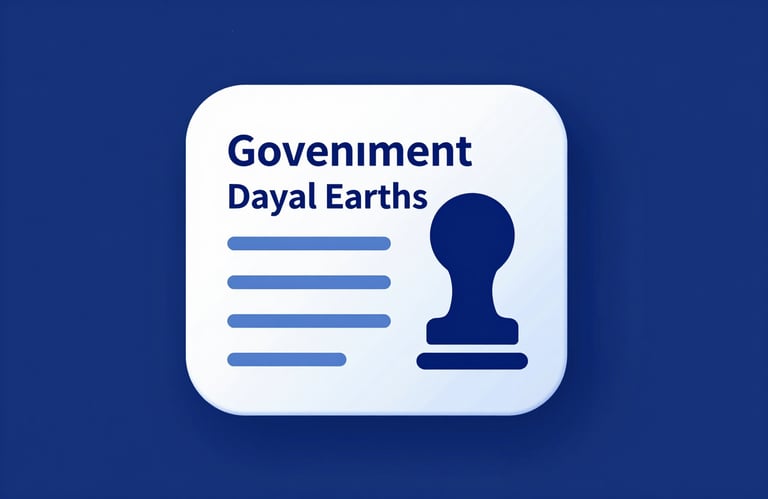 A professional icon-style image of a government registration document and a seal on a blue background, representing the legal GST status of Dayal Earths. Style is clean, modern, and trustworthy. Colors: #0C1D3F, #F5F8FA.