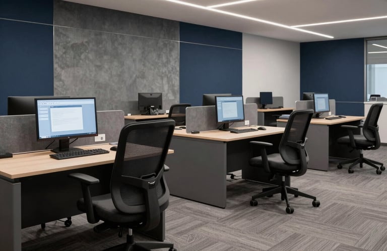 A high-end corporate training lounge in North America with comfortable ergonomic furniture and digital learning stations, minimalist design with slate and navy accents.