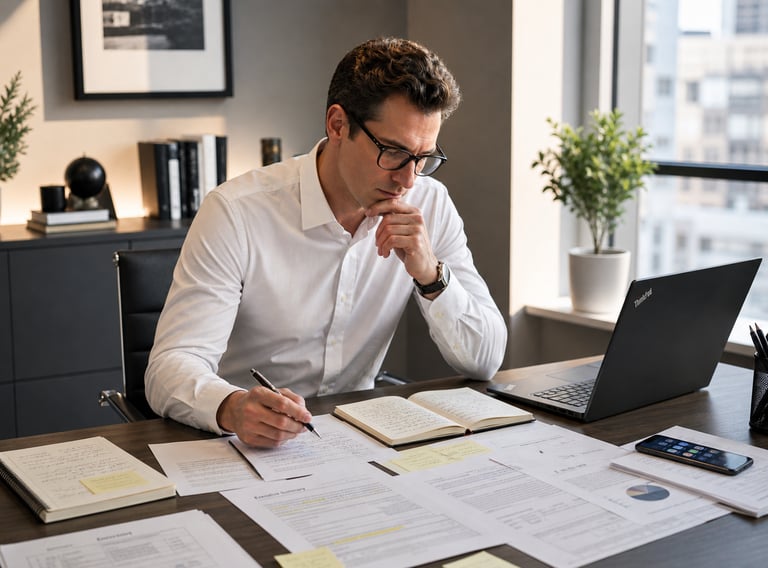 A focused professional businessman in a white shirt reviewing financial documents and writing notes at his office desk.