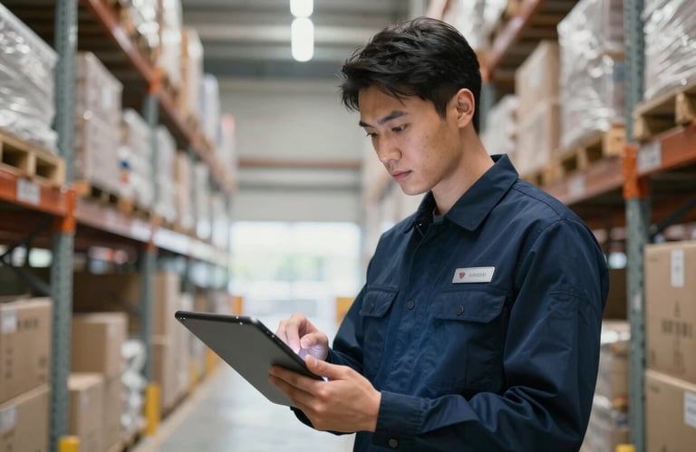 A professional in a clean, dark blue corporate uniform inspecting a digital cargo manifest on a tablet inside a bright, modern warehouse, focused and professional.