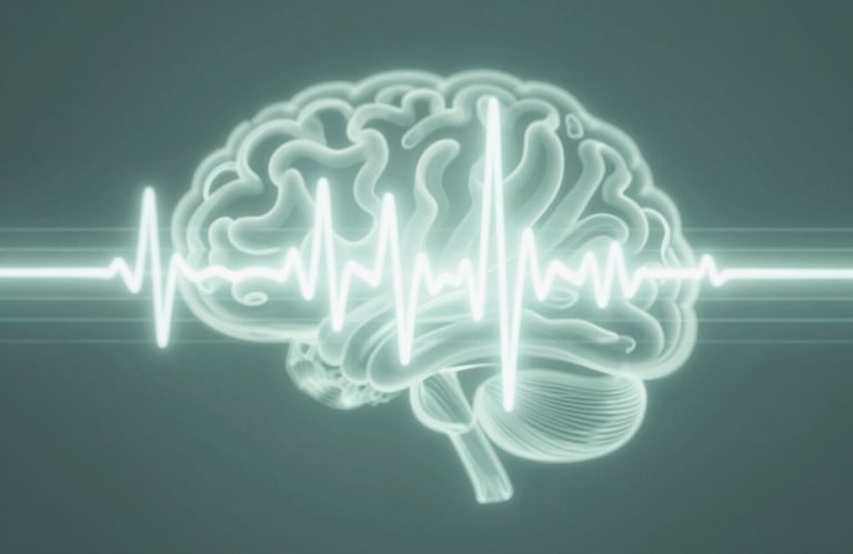 Abstract light patterns resembling brain waves that transition into a musical staff, representing the blend of NCSP work and music, in shades of #527A79 and #B8C7C9.