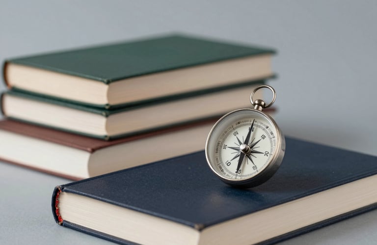 A set of neatly stacked academic books and a vintage compass, representing direction and academic depth, lighting is clean and sophisticated with colors #1F3F49 and #B8C7C9.