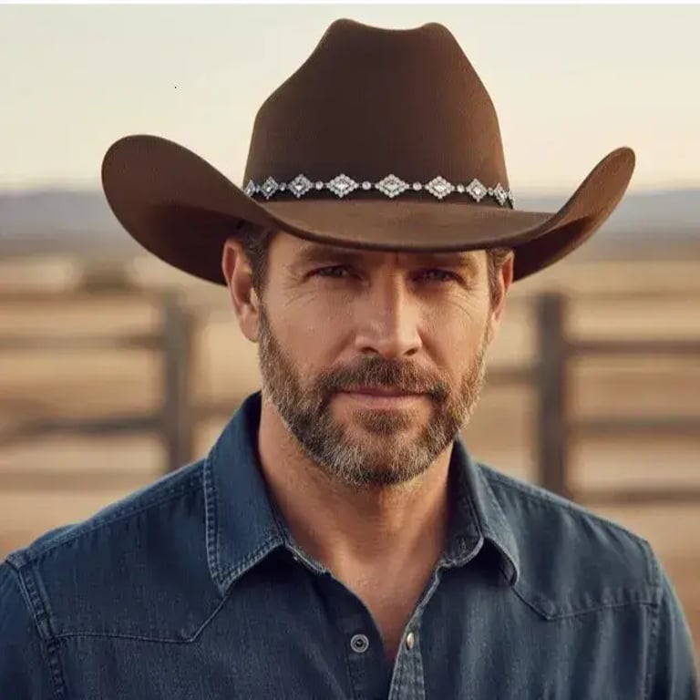 Homme avec chapeau de cowboy marron dans un décor western