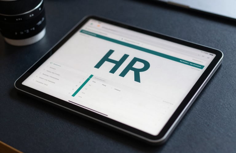 A close-up shot of a professional digital tablet showing an HR dashboard with clean typography, placed on a dark navy desk, North American / International business context.