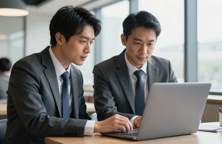 A candid shot of two business colleagues in professional attire discussing a project over a laptop in a bright lounge, North American / International setting.