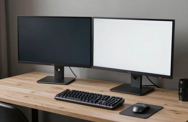 Photography of a modern minimalist workstation in the US, featuring dual monitors and a sleek mechanical keyboard, professional and organized.