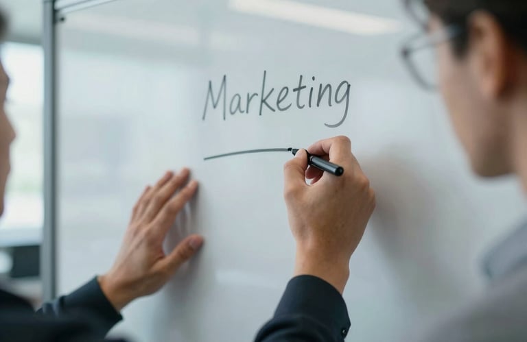Close-up photography of professional hands sketching a marketing strategy on a whiteboard in a bright North American office, medium blue lighting.