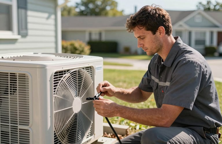 An HVAC specialist in a professional uniform working on a residential AC unit outdoors. Sunny day in a North American suburb, focused on the technician's hands and the complex cooling machinery.