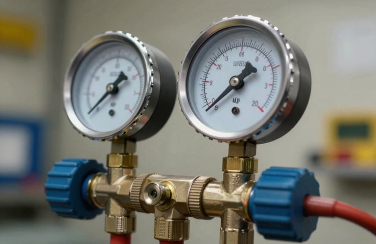 Close-up of professional HVAC manifold gauges and tools being used by a technician to check system pressure. Sharp focus, clean North American workshop setting with professional lighting.