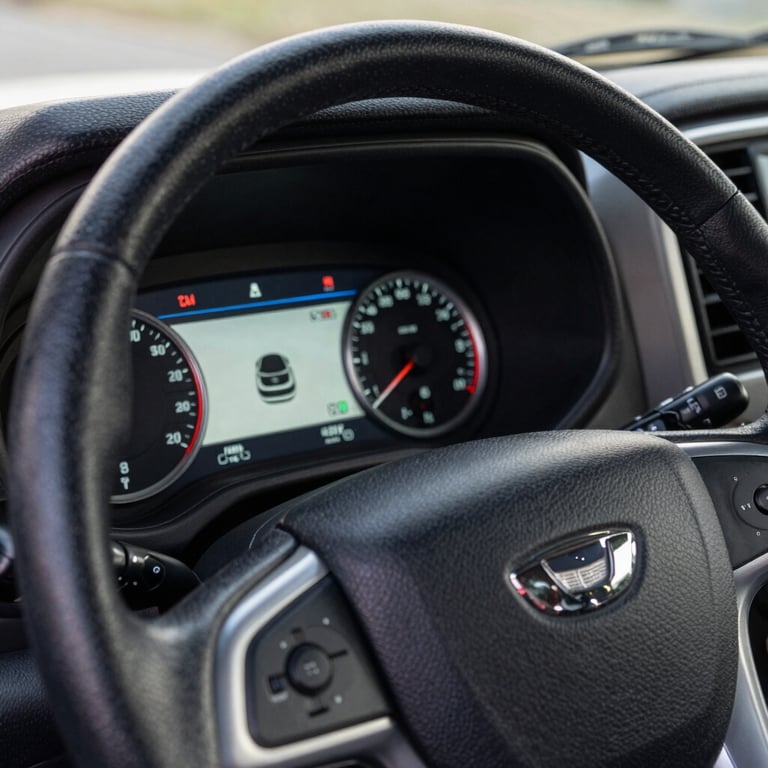 A detailed close-up shot of a modern truck's digital dashboard and leather steering wheel, reflecting a high-end, professional North American transport setting.