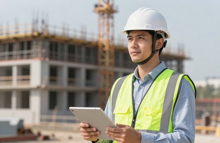 A portrait of a professional civil engineer in a white hard hat and safety vest, holding a tablet and looking confidently at a construction project in the background. Modern, sharp focus, professional lighting. Includes #5C7D99 and #F5F5DC.