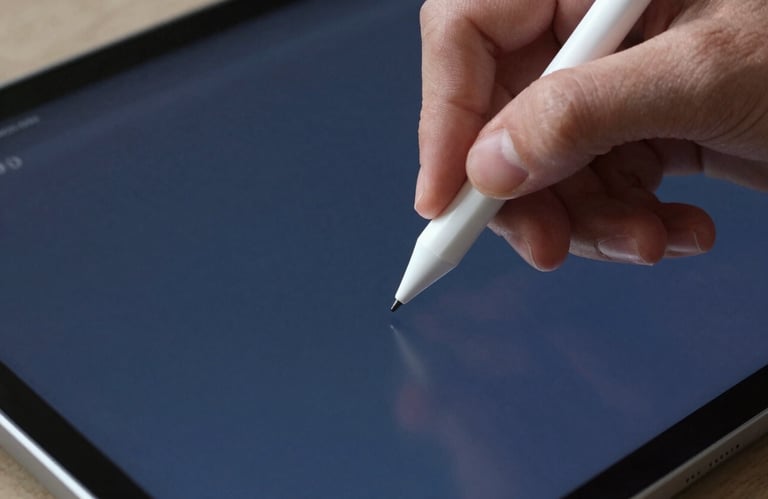 A macro shot of a hand using a digital stylus on a sleek, navy blue tablet screen. The focus is on the precision and modern technology used in global digital marketing.