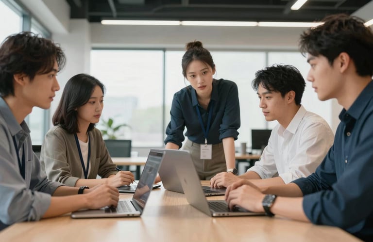 A professional team collaborating around a table in a bright, modern North American workspace, reflecting teamwork and transparency.