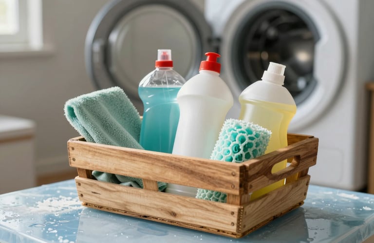 A still life of eco-friendly cleaning supplies in a wooden basket sitting on an ice blue surface in a sunlit Australian laundry room.