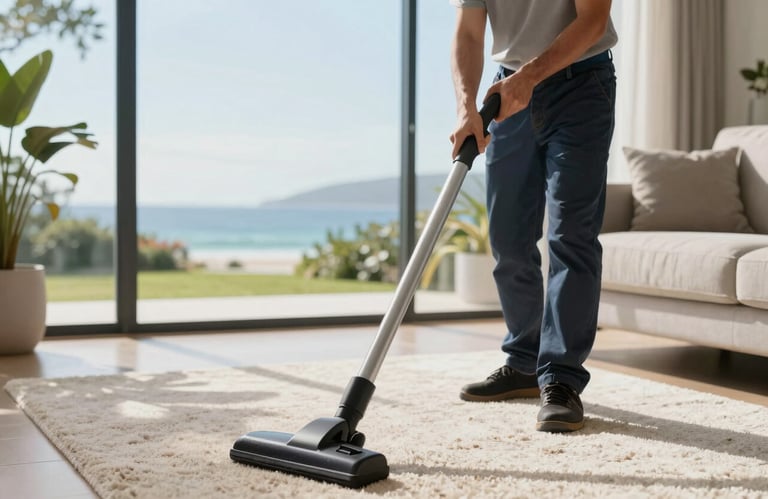An Australian professional cleaner vacuuming a plush rug in a sunlit lounge, a blurred coastal garden visible through large windows.