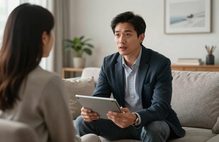 A photography shot of a professional real estate expert talking to a customer in a bright, modern North American living room, holding a tablet.