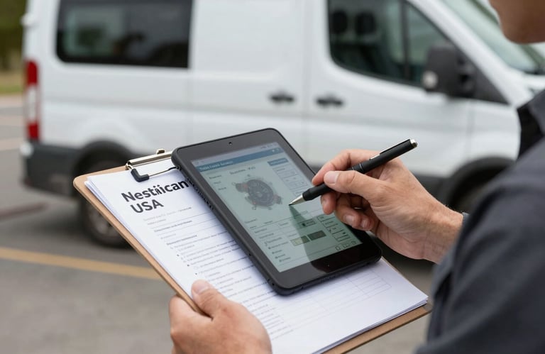 A close-up of a service technician's clipboard and a mobile tablet showing service diagnostics, North American / US outdoor setting with a service van blurred in the background.