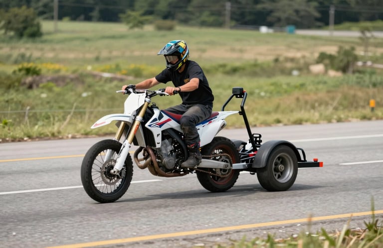 A professional motorcycle towing setup on a North American / US highway shoulder, clean and safe recovery procedures visible, natural daylight.