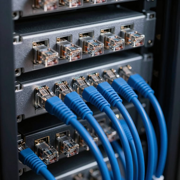 A close-up shot of professional networking equipment and neatly organized blue Ethernet cables in a server rack, highlighting precision engineering.