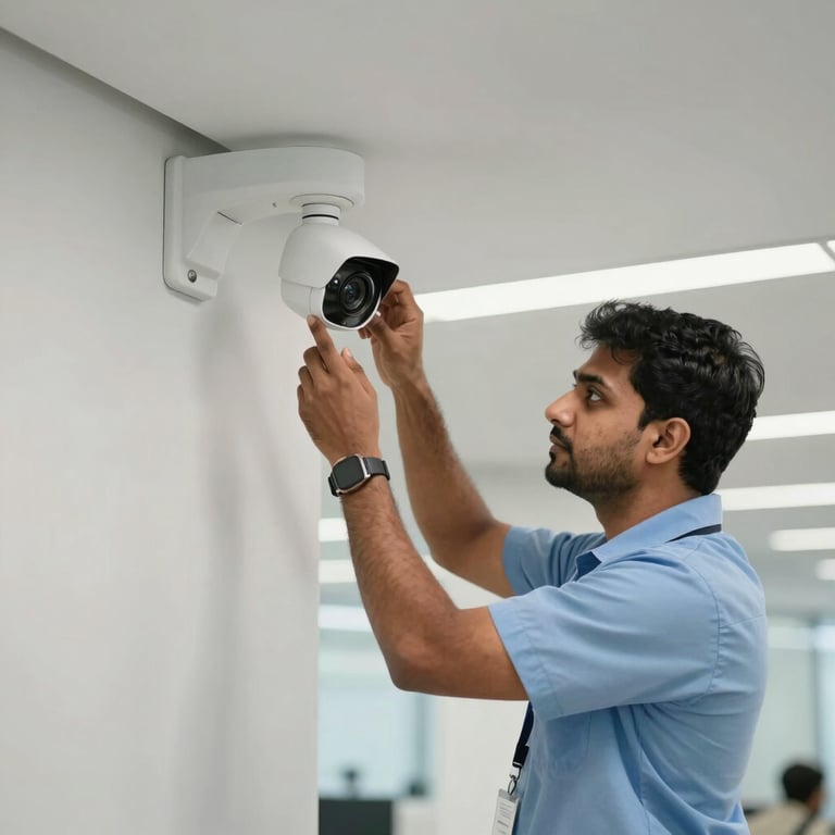 South Asian technician in professional uniform installing a high-end security camera in a modern corporate lobby with clean lines and natural lighting.