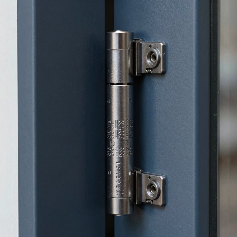 A professional photograph of a detailed architectural element of a commercial door hinge, showcasing precision engineering and a sophisticated dark blue grey metallic finish.