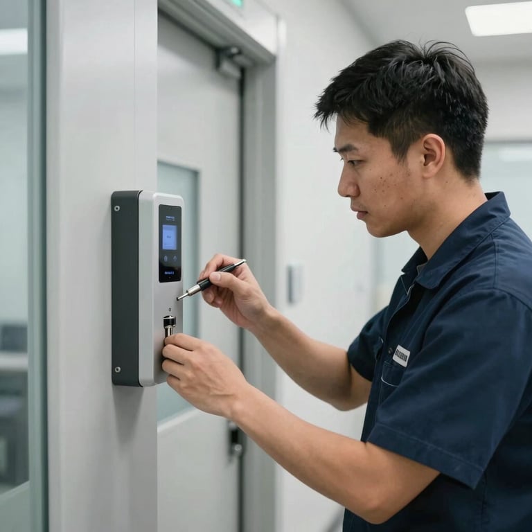 A photograph of a professional technician in a clean uniform performing a precision check on an automated door system in a North American business center.