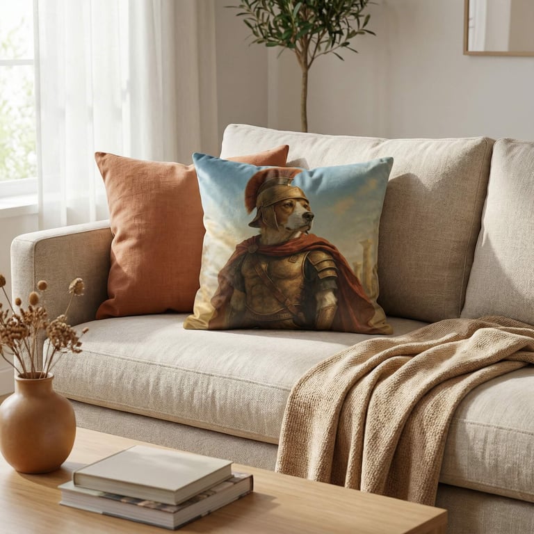 Beagle dog in Roman gladiator costume printed on a decorative throw pillow on a beige living room sofa.