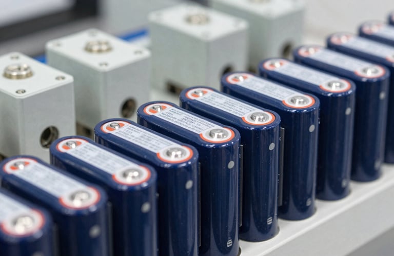 Close-up of industrial electrical components and high-quality batteries in an energy lab, sharp focus, professional lighting, reflecting clean dark blue and white tones.