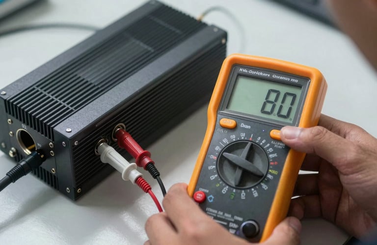 A close-up of a digital multimeter being used by an engineer to test a complex power inverter, South American setting, focused lighting on the digital display, modern technology.