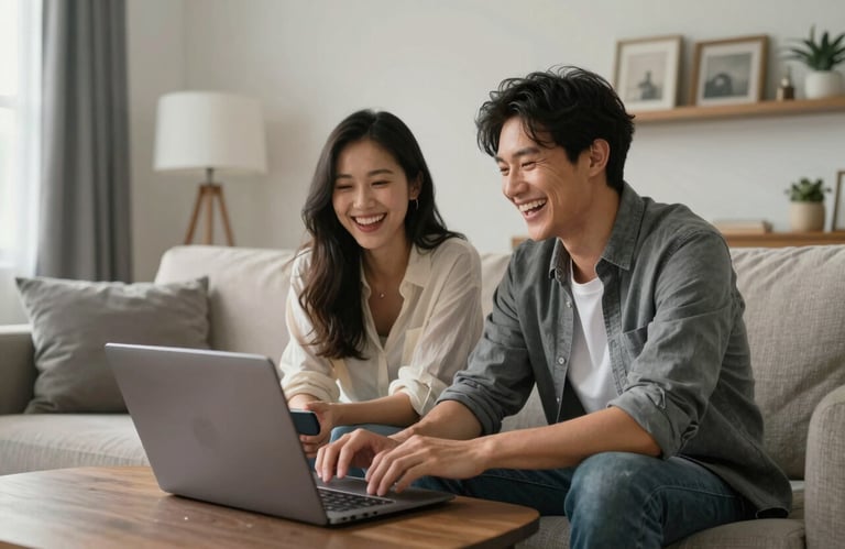 A joyful photograph of two friends in a North American / US suburban living room, laughing as they listen to a song on a laptop. The room is decorated in a sophisticated palette of off-white and charcoal gray.