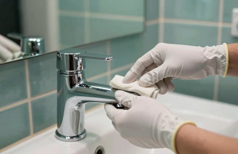 A close-up of a professional cleaner's hands in white gloves, meticulously polishing a shiny chrome bathroom fixture. The reflection shows a clean, modern bathroom with ocean green tiles. The image highlights the focus on detail and hygiene.