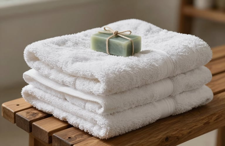 Close-up of a stack of fluffy, freshly laundered soft white towels on a wooden bench. A small decorative soap bar in sage green packaging sits on top. The background is softly blurred, conveying a sense of luxury and attention to detail.