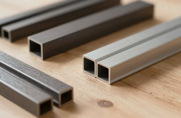 A flat-lay presentation of premium metal samples including iron bars and aluminium profile cross-sections on a wooden craft table, illustrating material quality and brand colors #6B4C38.