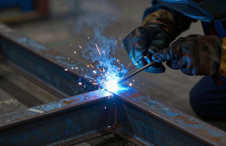 A close-up of precise welding on a steel structure, vibrant blue arc light illuminating the dark metal, showcasing expert technique and reliability, brand colors #2C272E used for steel surfaces.