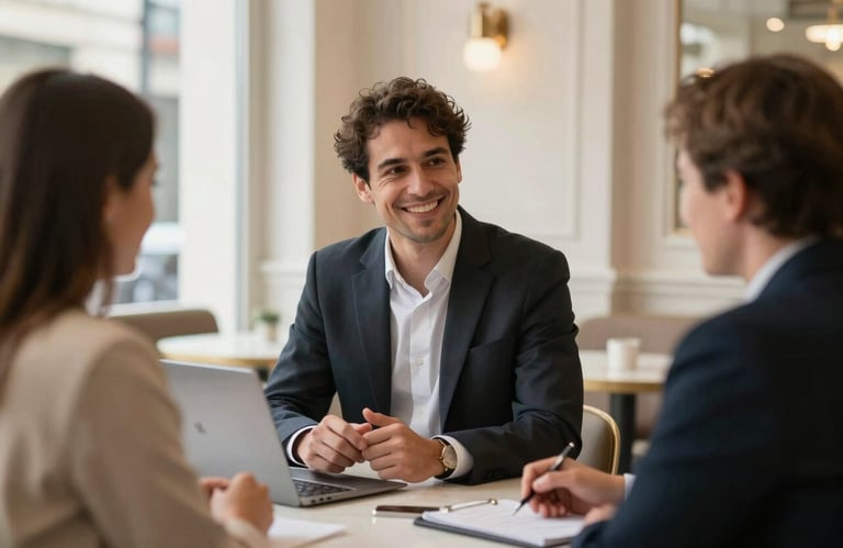 A professional business consultant in a high-end European / French cafe-style office, smiling during a collaborative discussion, natural lighting with soft off-white tones.