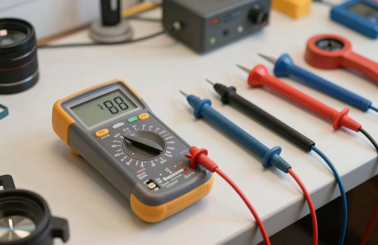 A professional digital multimeter and specialized HVAC tools organized on a clean workbench. Sharp focus, technical aesthetic, Latin American workspace in blue and off-white.